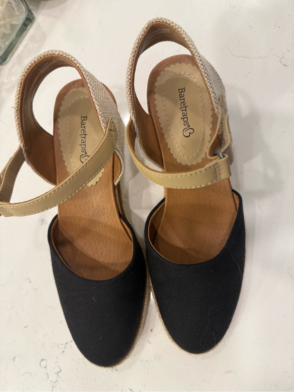 BareTraps Black and Tan Espadrille Slingback Wedges